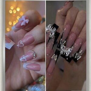 2 Packs Press On Nails 24ct Each - Pink Coquette Bows & Black Silver Butterfly
